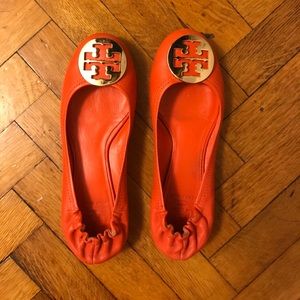 Tory Burch red/orange ballet flat with gold logo